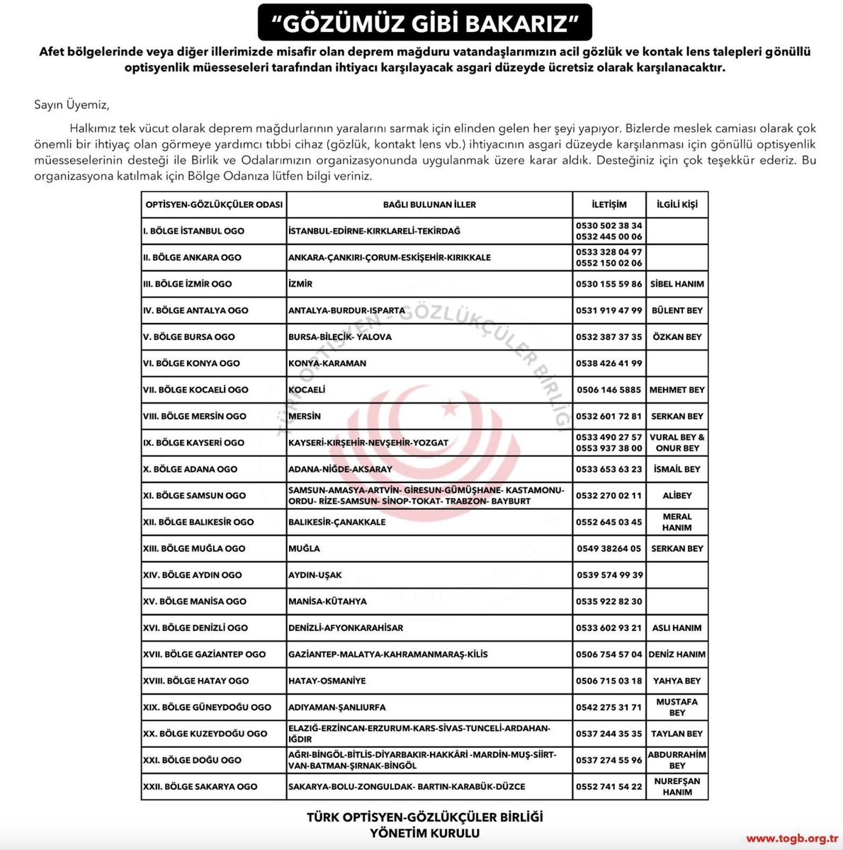 TeknikciHoca's tweet photo. Depremzedelerin gözlük, lens gibi optik ihtiyaçları olanlar için deprem bölgesinde Türk Optisyen-Gözlükçüler Birliği tarafından mobil optik mağazalar açılıyor. 

Asgari düzeyde acil ihtiyaçlar ücretsiz olarak karşılanacakmış.

İhtiyacı olan vatandaşlarımız için paylaşıyorum. https://t.co/b42W7eMRNu