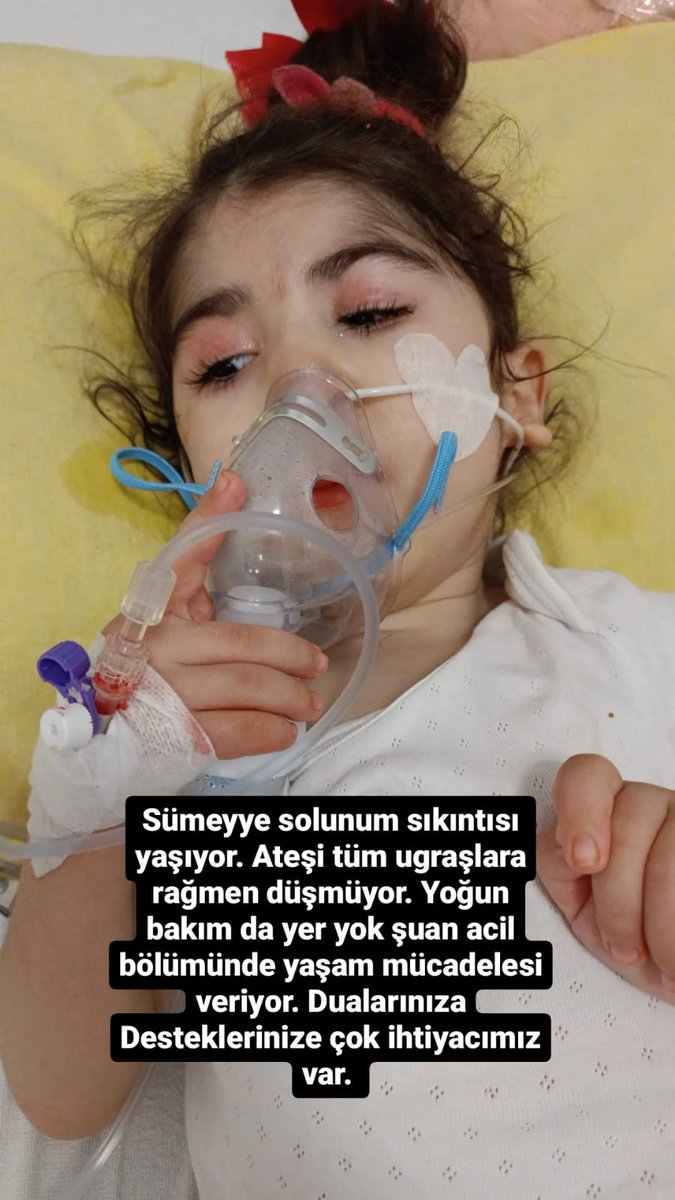 Sümeyye solunum sıkıntısı yaşıyor. 
Ateşi tüm uğraşlara rağmen düşmüyor. 
Yoğun bakım da yer yok şuan acil bölümünde yaşam mücadelesi veriyor. 
Dualarınıza çok ihtiyacımız var. 

Güzel Sümeyyemiz hala nefes alıyorken az cok demeden sadakalarınızı ve yardımlarınızı bekliyoruz