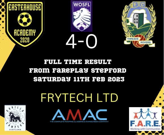 EasterhouseFA's tweet photo. Fantastic result for us against a very good @ThreaveRoversFC side. Finished game with 6 young players from 20s and 19s on the park. #pathwayworks. @OfficialWoSFL @FARE_Scotland https://t.co/BmVkpghDMZ