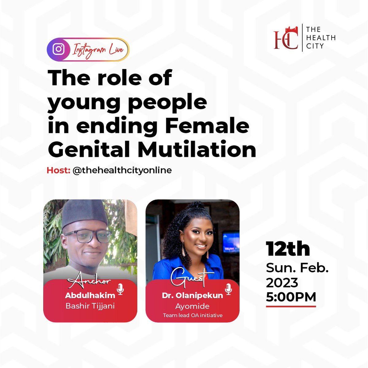 We'll be hosting a live session on Instagram tomorrow. Let's talk about how young people can contribute to ending Female Genital Mutilation.

#healthcity #EndFGM #stopthecut #reproductivehealth