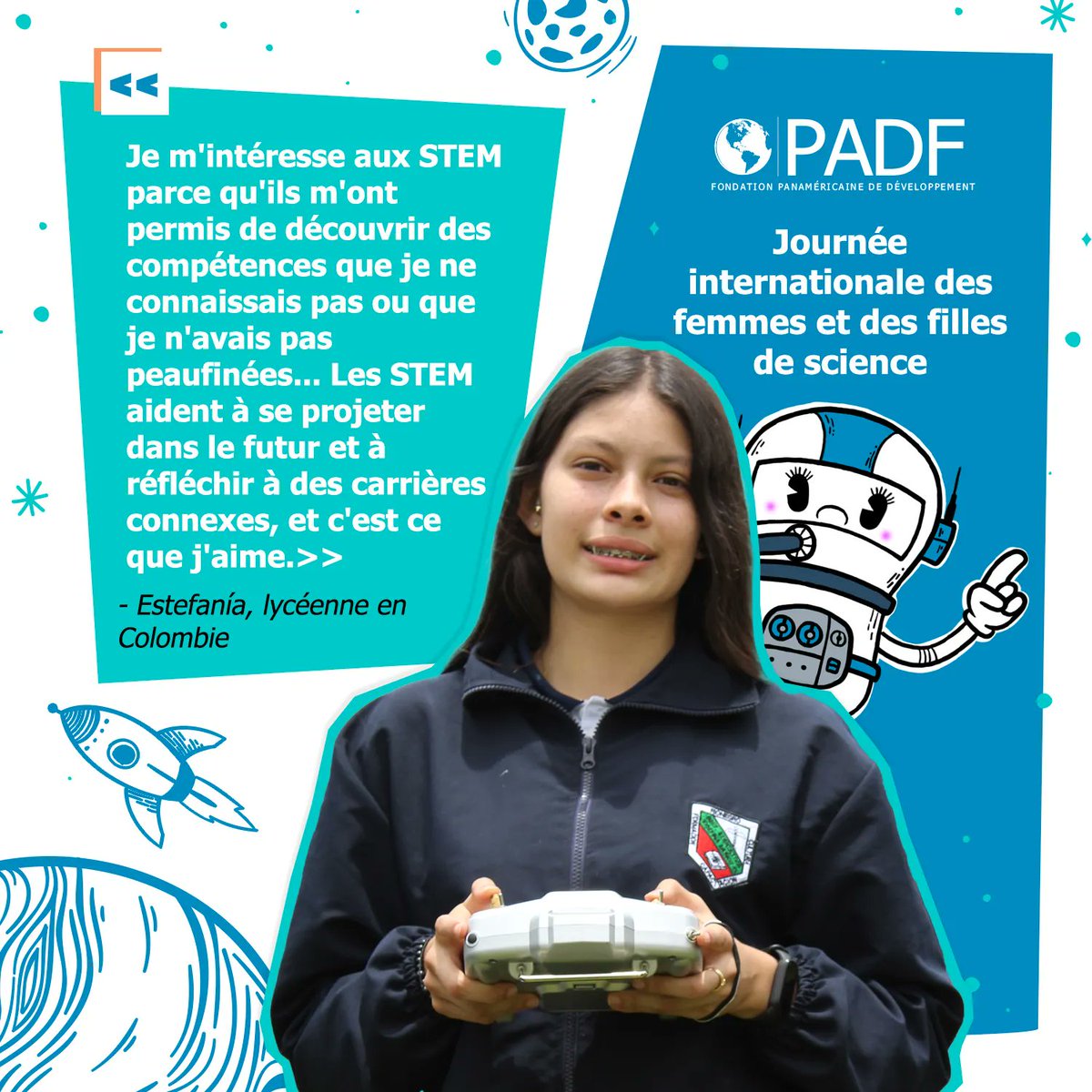 PADFHaiti's tweet photo. Joyeuse journée internationale des femmes et des filles de science ! Estefanía fait partie des milliers d'étudiants bénéficiaires du #STEMAmericas à travers @cipselacorp, partenaire de la PADF en Colombie.
En savoir plus sur l'histoire d'Estefanía : https://t.co/TJUgEZb5Ps https://t.co/4CU0gD8lE4