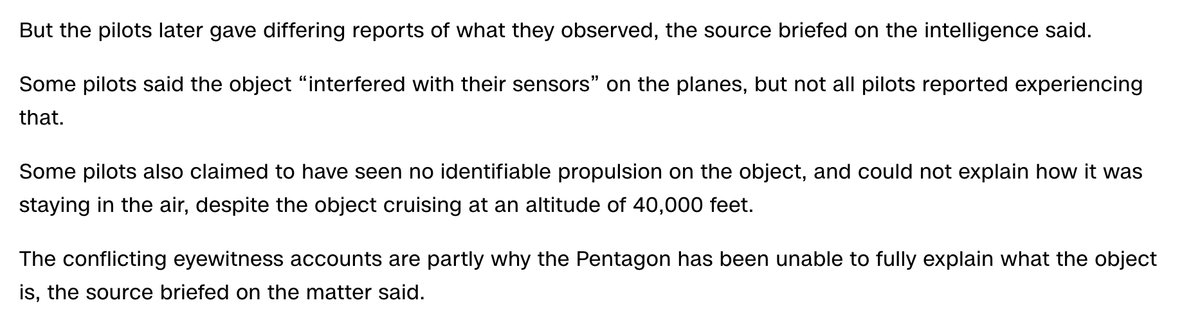 BREAKING: Some pilots that interacted with the object over Alaska said that it "interfered with their sensors". Some pilots also claimed to have seen no identifiable propulsion on the object, and could not explain how it was staying in the air - CNN 

edition.cnn.com/2023/02/11/pol…