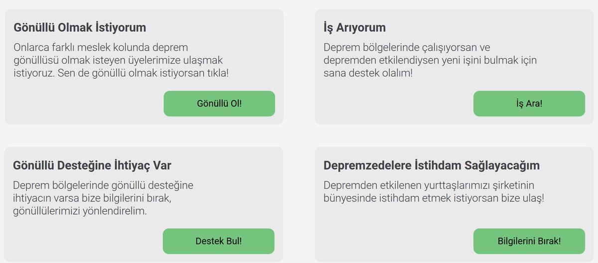 'YARDIMCI OLABİLİRİM' 'BANA YARDIM LAZIM' 'DEPREMZEDEYİM İŞ ARIYORUM' 'DEPREMZEDELERE İŞ VEREBİLİRİM' diyenler @kariyernet olarak efforları tek bir yere toplamaya yardımcı olmaya çalışıyoruz istihdamseferberligi.info