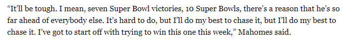 NFL_DovKleiman's tweet photo. .@PatrickMahomes was asked about ever having a resume that can come close to matching @TomBrady

Mahomes said: "Ask me when I’m 38."

He also said: “It’ll be tough. I mean, seven Super Bowl victories, 10 Super Bowls, there’s a reason that he’s so far ahead of everybody else." https://t.co/HJQvDWcBWm