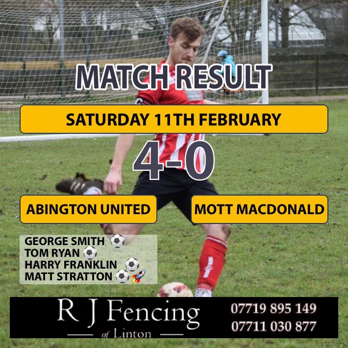 Final score!
Abington United 4-0 <a href="/MottMacFC/">Mott Mac FC</a> 
Building on last weeks success the lads display a dominating performance from start to finish taking us to the dizzy heights of 2nd place 🤩

Our goals:
<a href="/George_smith20/">George</a> ⚽️
Tom Ryan ⚽️
Harry Franklin ⚽️
<a href="/5tratts/">Matt</a> ⚽️🚀