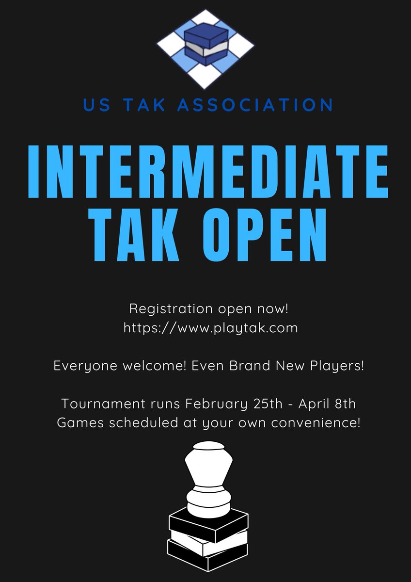 The Intermediate Tak Open Tournament is open for registration! Check out playtak.com for registration and more information! It's totally free!

Care to try your hands, <a href="/cheapassjames/">James Ernest</a> @patrickrothfuss ? ;) 

#boardgames #playtak