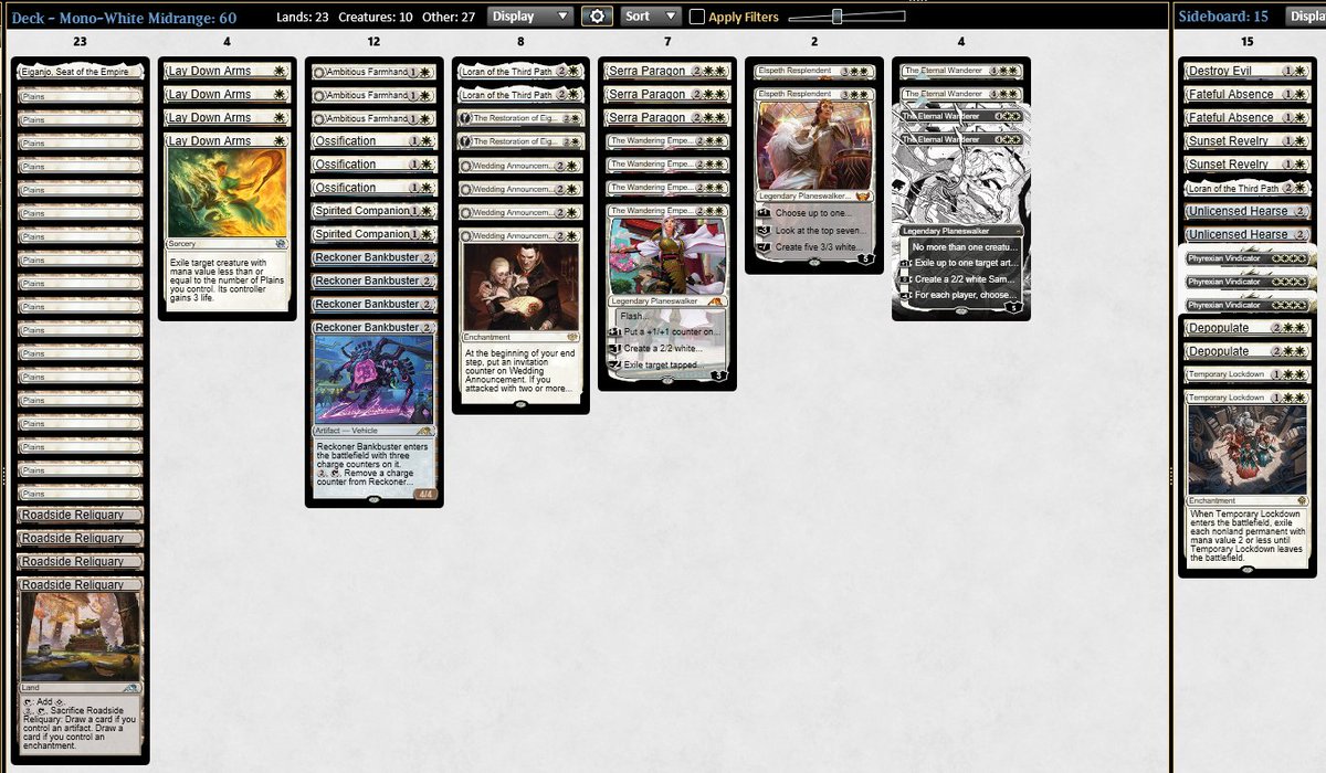 Standard Challenge - 11.02.2023

R1: MonoW Midrange 2-0
R2: Esper Legends 2-0
R3: Rakdos Midrange 2-0
R4: Mardu Midrange 2-0
R5: MonoR 2-1
R6: MonoW 2-0
R7: Naya Invoke 0-2

QF: UW Soldiers 1-2