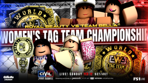 EWEPart2's tweet photo. Women's Tag Team Championships!

The hottest fued this year, has EVERYONE talking as Team Bella has been sent to JAIL by the hands of Royal Beauty.

Can Team Bella find their way to the Gillette Stadium or will they remain locked up leaving Royal Beauty #STILL our Tag champions https://t.co/ZgUXmzcAsG