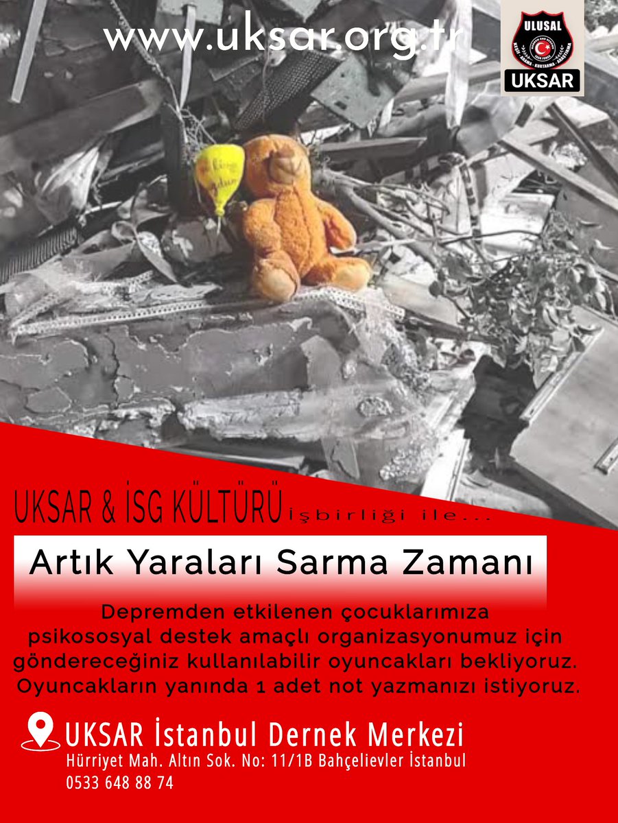 Depremzede çocuklara ulaştırmak üzere her evden 1 oyuncak 1 mektup bekliyoruz. 
#uksar
