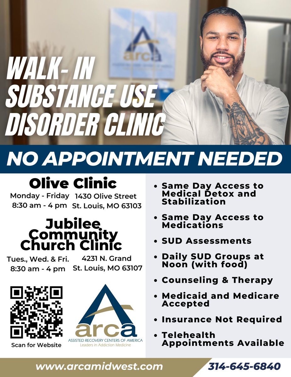 If you or someone you know, is struggling with a substance use disorder, please call or come see us! #substanceusedisorderclinic #walkinclinic #medicaldetox #addiction #stlouis #missouri #telehealth #arca