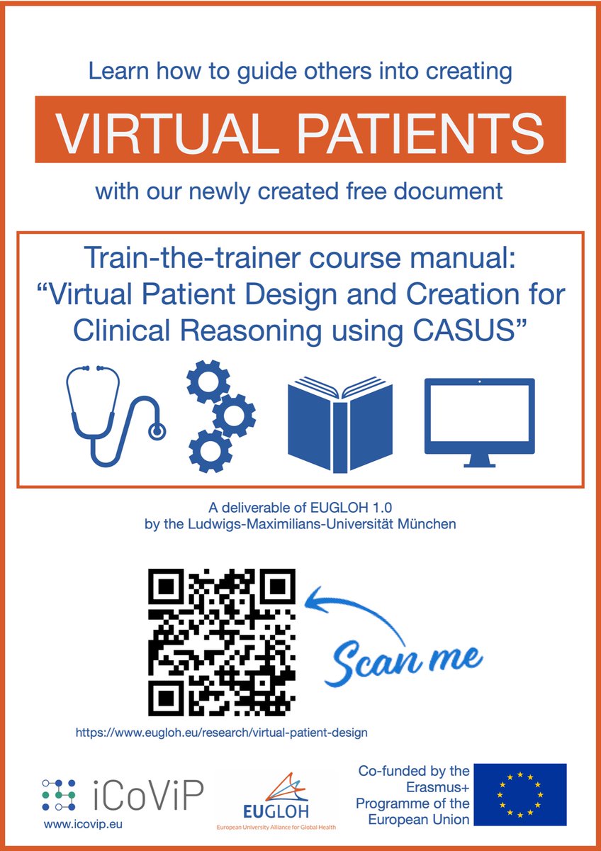 Thanks to the financial help from <a href="/eugloh19/">European University Alliance for Global Health</a> and the professional expertise within <a href="/iCoViP_eu/">iCoViP</a>, we created a manual for a train-the-trainer course on "Virtual Patient Design and Creation for Clinical Reasoning using CASUS", available here for free: eugloh.eu/research/virtu…