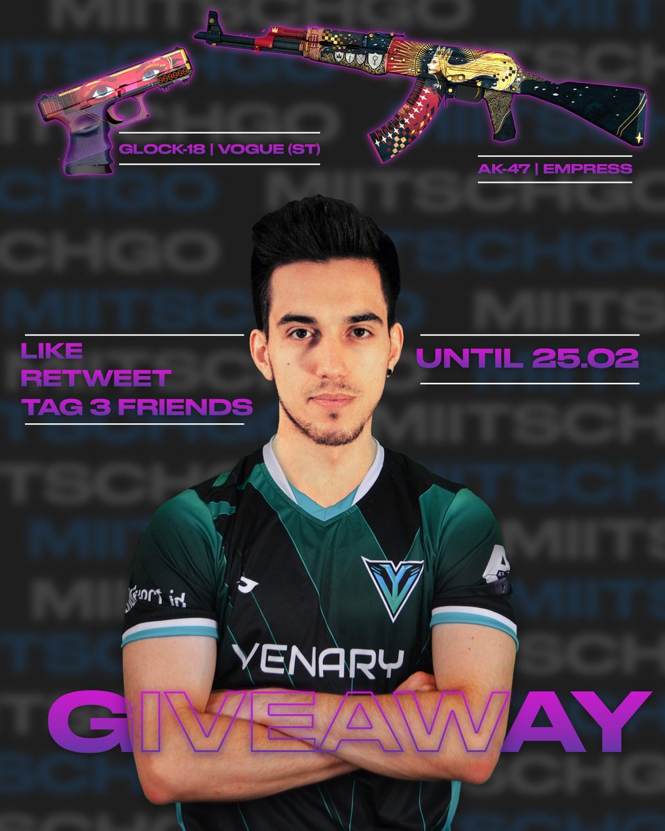 It's about time for my next #Giveaway!
2 People can get their new Glock or new AK-47 on T-Side🔥

⬇️How to enter:

✅Follow <a href="/Miitschgo/">Stefan 'Miitschgo' Cvetković</a> 
✅Like &amp; RT
✅Tag 3 Friends 

Winners will be rolled in 14 Days, GOOD LUCK 🫡

(Special Thanks to <a href="/VenaryEU/">Venary</a> for helping me out 🥰)