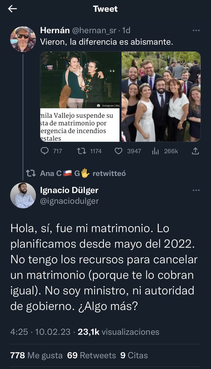 KarenKoetje's tweet photo. Si la Sra Vallejos, que es Ministra de Gobierno, cancela su Matrimonio es su prerrogativa. Pero que un arbolito cuestione a otros que deciden casarse, solo xq el invitado es Kast, me parece de una rasquería impresionante. 
@ignaciodulger Felicidades! https://t.co/6BxAE2dlAf