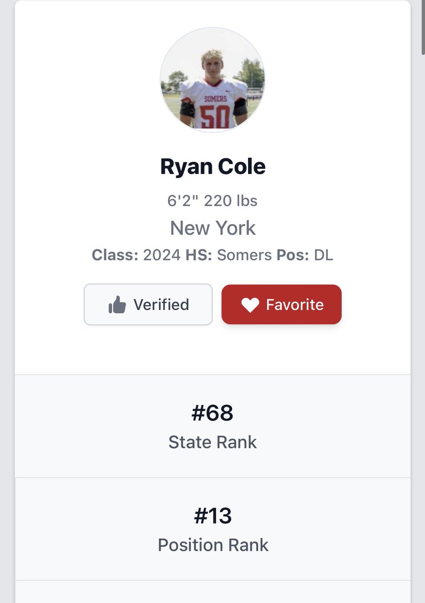 Ryan_Cole61's tweet photo. Thank you @PrepRedzoneNY for the write up and ranking of 13th DL and 68 overall player in the State! @SomersFootball @Captain_Bronx https://t.co/JZXfyJAcXO