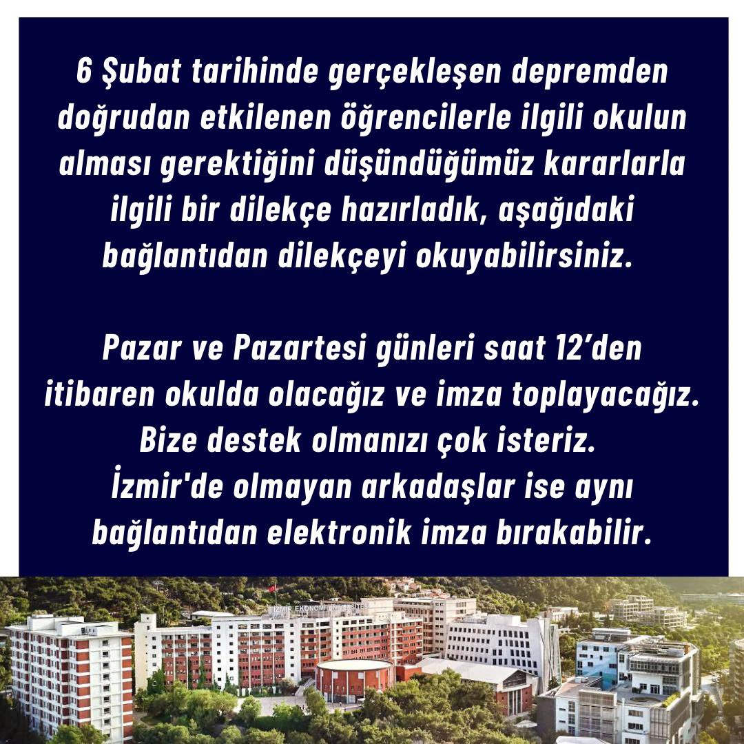 ieu_dayanisma's tweet photo. Ekonomili öğrenciler olarak, depremzede arkadaşlarımız için İzmir Ekonomi Üniversitesi’nden beklentilerimizi içeren dilekçeleri imzaya açtık. 

İzmir’de olanlar okula gidip İzmir’de olmayanlar profildeki linkten online olarak imza atarak destek olabilirler. https://t.co/LkYSu0CD8l