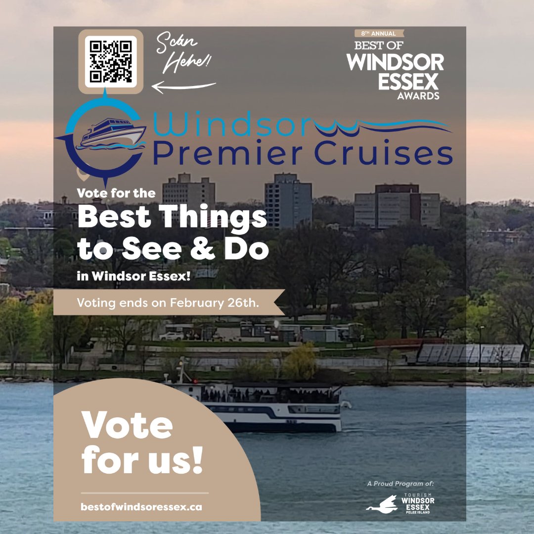 Windsor Premier Cruises has received a nomination for the best things to see &amp; do in Windsor-Essex for this year’s Best of Windsor-Essex Awards!

Vote for us in the following category:
On The Water Activity

Click here to vote: bestofwindsoressex.ca/vote.