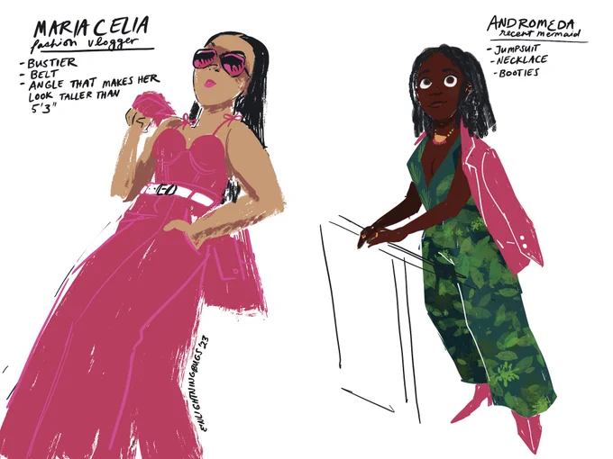In the meantime I got obsessed with a hot pink suit and decided to draw how all my original characters would wear it. Here are 4 of many 