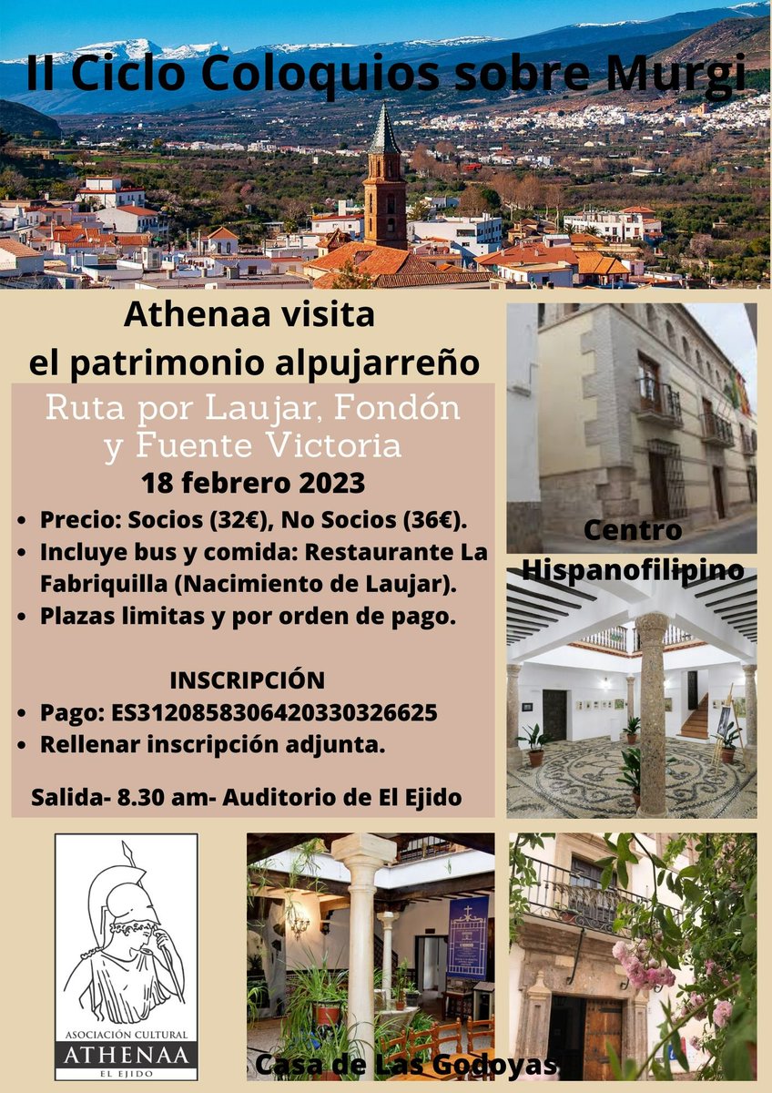 AthenaaEjido's tweet photo. Con la Ruta de Laujar, Fondón y Fuente Victoria (ver cartel) complementamos las conferencias sobre su patrimonio. Para inscribirte, además de hacer el ingreso correspondiente hazlo aquí: https://t.co/WqLl8Gm0oJ https://t.co/ue6u1CsUkS