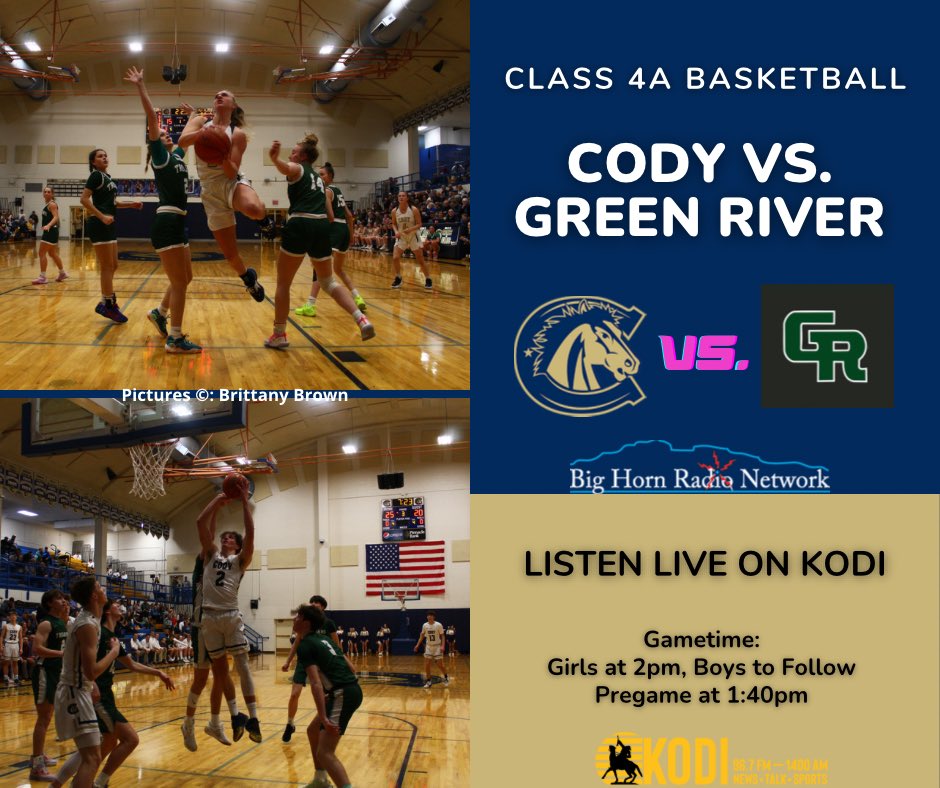 How about a Saturday afternoon encore of Cody Basketball action. Grab some popcorn as both teams host Green River for an afternoon matinee. Catch the call live on KODI. #Cody #CHS #CodyBasketball #CodyFillyBB #CodyBroncBB #ThisIsNow #KnowYourWhy