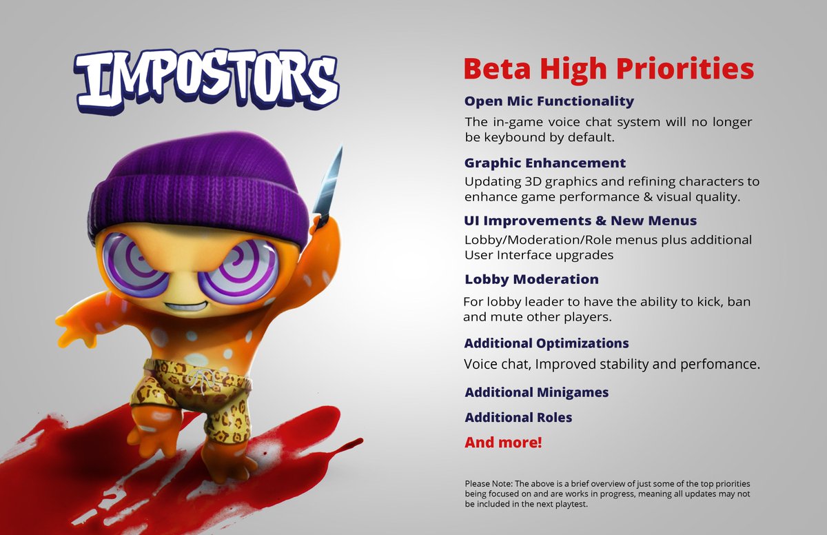 What a wild couple of months it’s been SusFam!

From beta playtests to content workshops, there’s always something SUS happening😏🔪🩸

Shout-out to everyone who participated in the events &amp; gave feedback🔥

Here’s an update with the current priorities we’re focused on for Beta👀