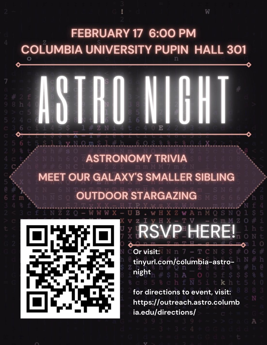 Join us in Pupin Hall at 6pm on Friday, February 17 for our first public astronomy night of the semester! We'll kick off the event with some astronomy trivia, followed by a talk by Dr. Amanda Quirk and public stargazing on College Walk. See the attached flyers for more info 🔭🌟