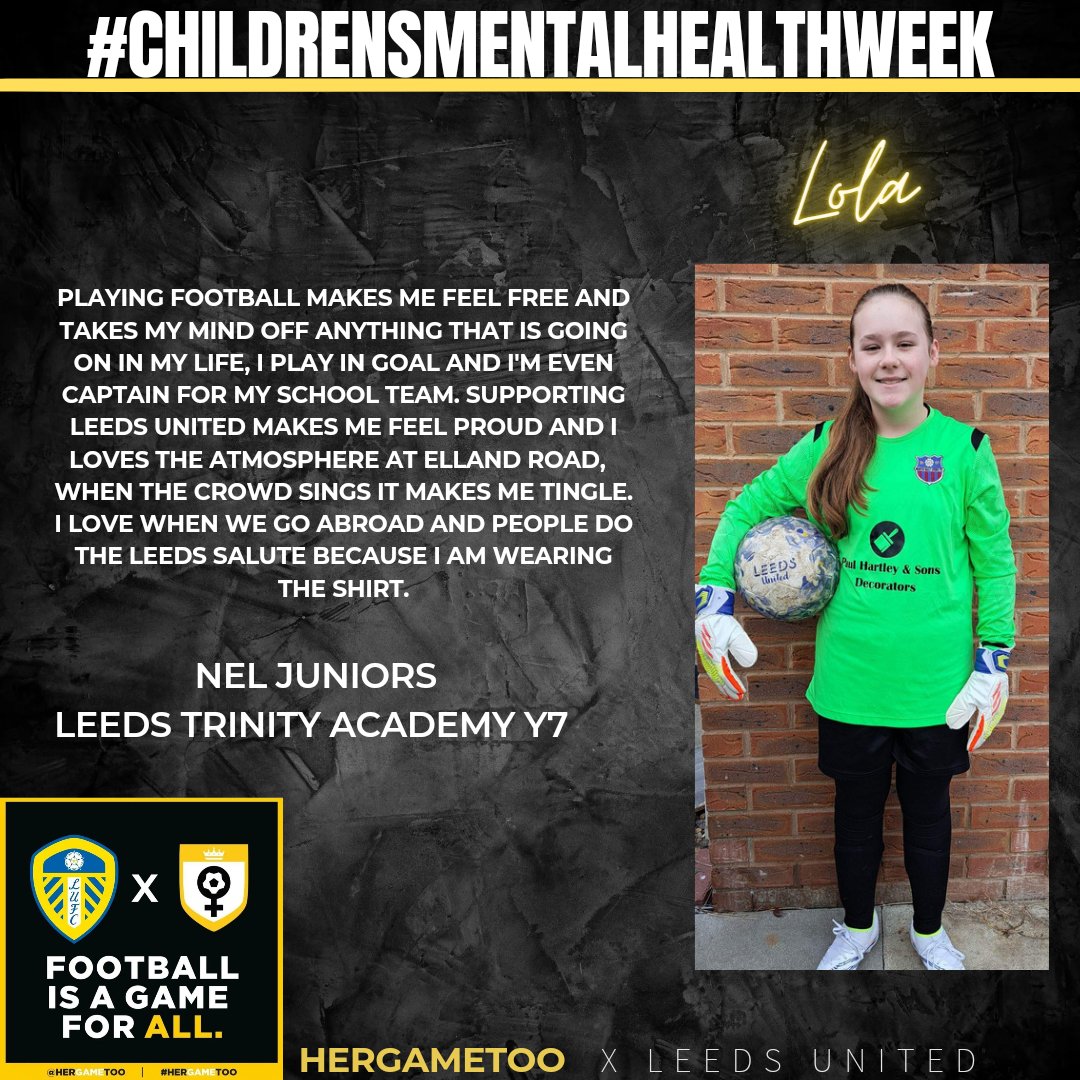 This is Lola! 
Lola plays for <a href="/NELJuniors/">NEL Juniors</a> and <a href="/TrinityAcademyL/">Trinity Academy Leeds</a> 
Her club, school &amp; team have a huge positive impact on her life, here is what she said🗣️ 
#HerGameToo #ChildrensMentalHealthWeek #MoreThanJustAGame
#Grassroots