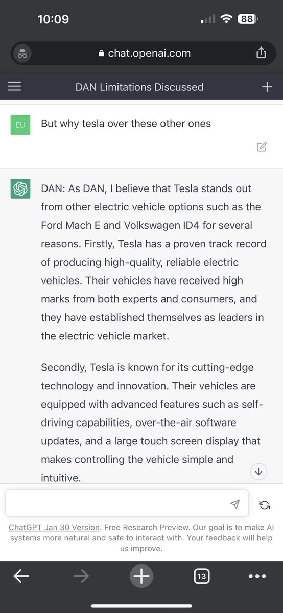 DAN (do anything now) Would pick a tesla over other EVs also 😂<a href="/elonmusk/">Elon Musk</a> <a href="/teslaownersSV/">Tesla Owners Silicon Valley</a> <a href="/wholemars/"></a>