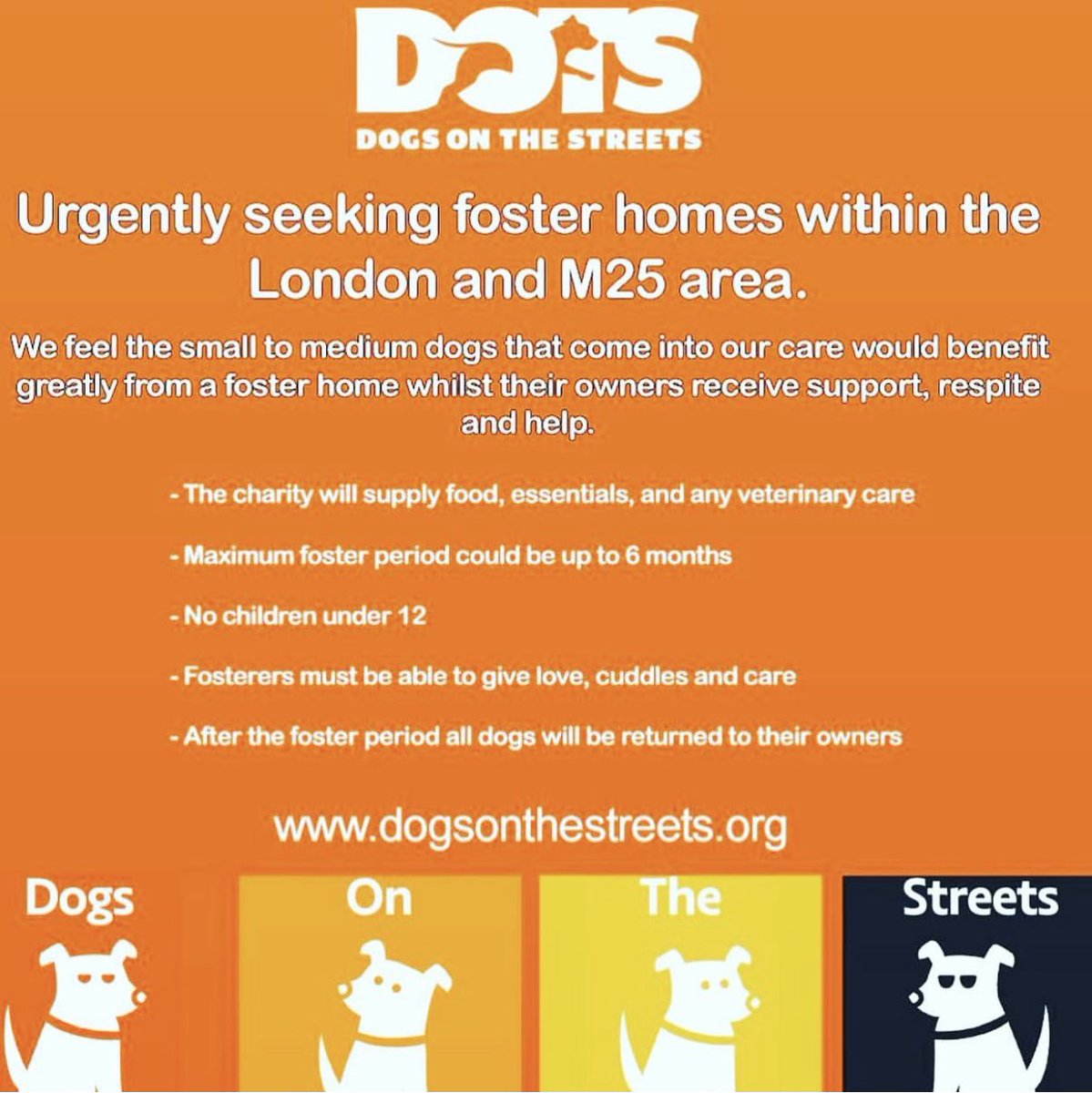 Do you have a space on your sofa oras a fosterer whilst we source a permanent home.

We’ve dogs of all sizes/behaviour that needs the 1st step support in a home that DOTS will support with food/vet care. 

Time, patience &amp; care is all they want 🧡

foster@dogsonthestreets.org