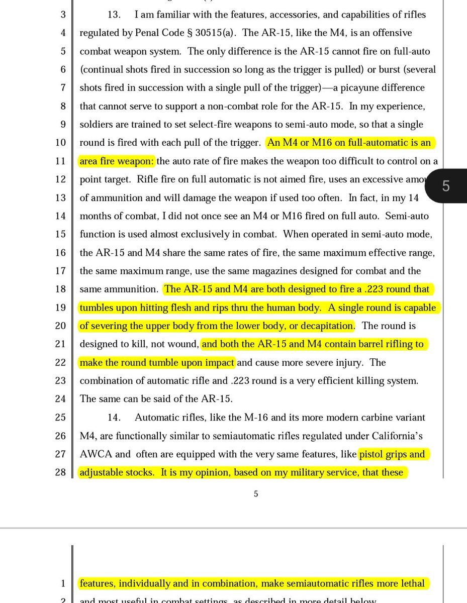 BadWeaponTakes's tweet photo. I am in absolute awe

I was today years old when I was informed, by an "expert" testifying for California's DOJ, that an AR is an area effect weapon, a single .223 round can sever a human being in half, barrel rifling is what makes a round tumble upon hitting it's target and chunks of plastic you hold on to makes a gun more lethal. all while simultaneously only being useful as a blunt force weapon in self defense