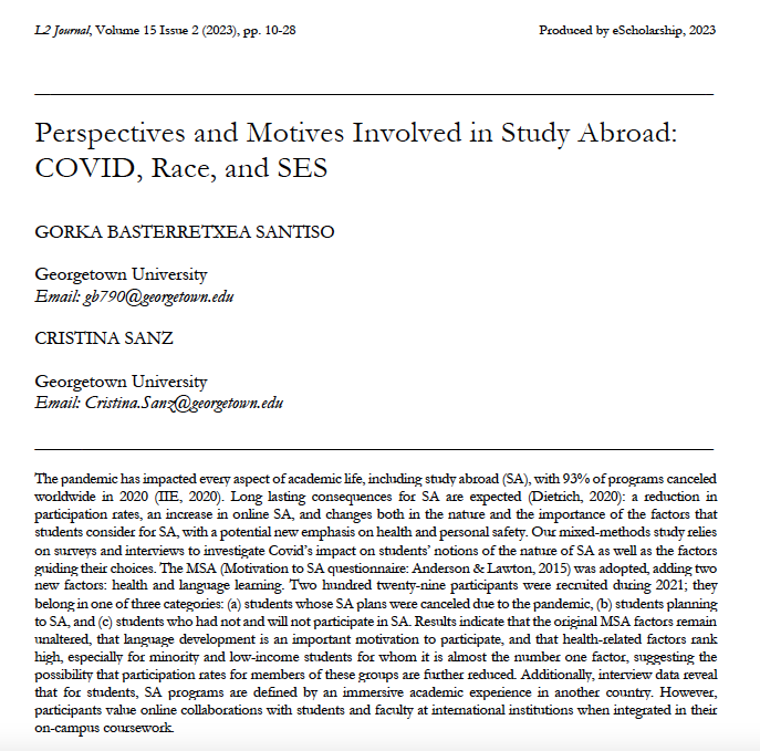 gorkabs's tweet photo. The second part of my research with Dr. Cristina Sanz was published yesterday in L2 Journal! "Perspectives and Motives Involved in Study Abroad: Covid, Race, and SES" 🥳Check it here: https://t.co/YqZoJ5cHUx… 
#studyabroad #phdlife #publication #AcademicTwitter https://t.co/lvYer38xLV