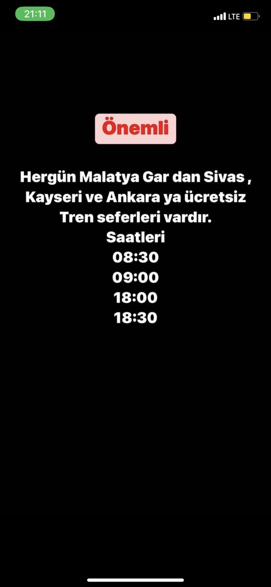 BeyzaaKoyluoglu's tweet photo. ÖNEMLİİİİİ!!!
Malatya gardan Ankara ,Kayseri ve Sivas’a ücretsiz tren seferleri vardır. https://t.co/Uqt46e4plT