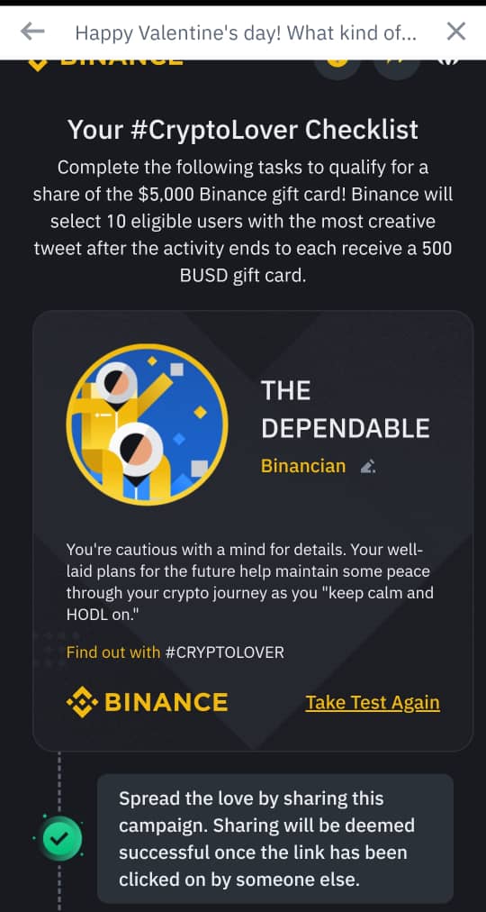 as4Meta's tweet image. Complete the #Binance #CryptoLover test and win a $500 Binance gift card to celebrate Valentine’s day with your beloved! safu.im/PC4SPW8e
