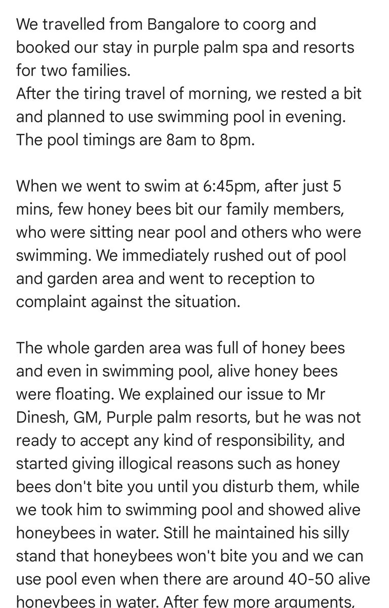 Mh14ch's tweet photo. @makemytrip @timesofindia @ndtv @TheHinduCentre had worst experience at Purple palm resort, Coorg, family bitten by honeybees while swimming, pathetic behaviour of hotel management, GM asked to swim in pool with more than 20 alive honeybees, big honeycomb at room 302 outside https://t.co/ZGtyRoIQF5