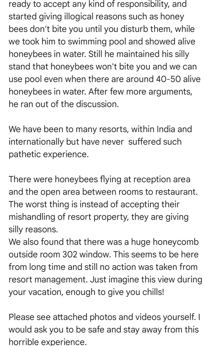 Mh14ch's tweet photo. @makemytrip @timesofindia @ndtv @TheHinduCentre had worst experience at Purple palm resort, Coorg, family bitten by honeybees while swimming, pathetic behaviour of hotel management, GM asked to swim in pool with more than 20 alive honeybees, big honeycomb at room 302 outside https://t.co/ZGtyRoIQF5