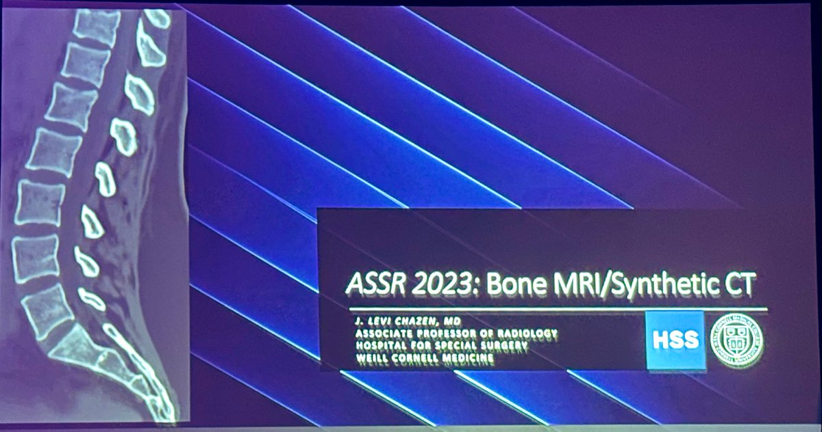 The_ASSR's tweet image. Our #ASSR23 Vice President @LeviChazen from @HSpecialSurgery teaches us about Bone MRI in the Spine Imaging Innovations &amp;amp; AI session. Fascinating how we can turn an MRI into CT bone images! -@JudyGadde #NeuroRad #SpineRad