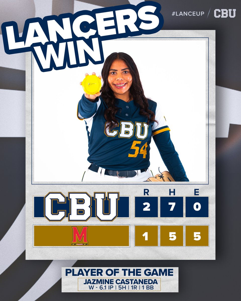 ‼️LANCERS WIN‼️

CBU wraps up the Puerto Vallarta College Challenge with their second win over a Big Ten opponent, defeating Maryland 2-1! Jazmine Castaneda holds the hottest hitting team in Mexico to just five hits and one earned!

#LanceUp⚔️