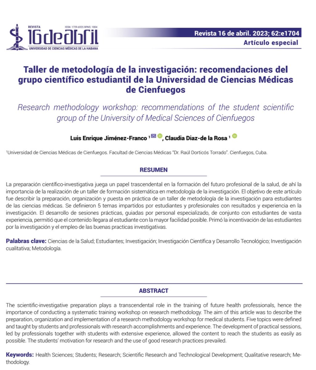 Tenemos NUEVOS ARTÍCULOS 🤓🤩

ARTÍCULO ORIGINAL rev16deabril.sld.cu/index.php/16_0…

DE NUESTRA HISTORIA rev16deabril.sld.cu/index.php/16_0…

ESPECIAL rev16deabril.sld.cu/index.php/16_0…