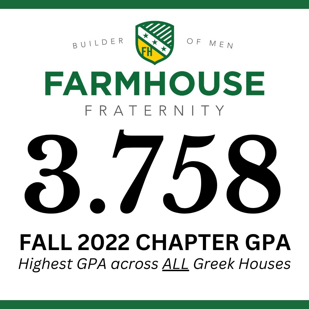 FarmHouseUNL's tweet image. Excellence? Exceeded.

Last Fall, the men of FarmHouse accrued the highest GPA of all fraternities and sororities on campus. This GPA also marks the highest fraternity GPA ever recorded over the last 12 years. We’re incredibly proud of what our chapter has accomplished.