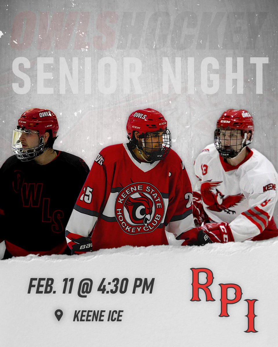 KSCClubHockey's tweet photo. Gameday! The Owls host RPI today at 4:30 at Keene ICE.  Final home game for our seniors.  FREE ADMISSION today. Live stream @LiveBarn https://t.co/eC692fhf8e
