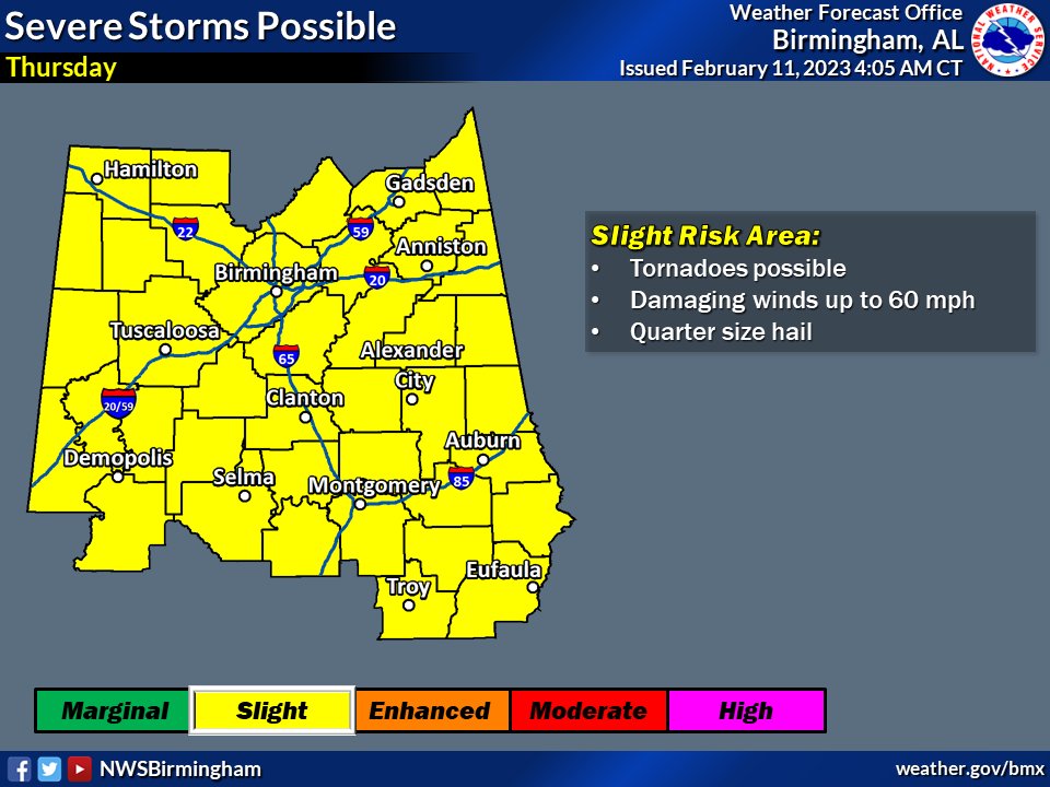 NWSBirmingham's tweet photo. And just like that, we have another severe weather event coming into focus. Tornadoes will be possible, along with damaging winds and hail. Use the time leading up to Thursday to prepare and turn your thoughts to safety plans! Stay aware of any updates that are shared! #alwx https://t.co/SlrZQCqOzm