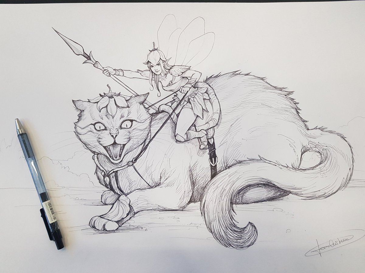 Last commission of the day, at Bologna Nerd Show! A lovely but fierce fantasy cat with its fairy rider!
.
#fantasycats #cristianaleone #traditional_art #artsy #cats #fantasyart