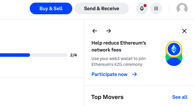 users across <a href="/coinbase/">Coinbase 🛡️</a> products are now seeing a CTA to help lower <a href="/ethereum/">Ethereum</a> fees and secure the network by participating in the KZG ceremony

proud of us for doing our part 💪