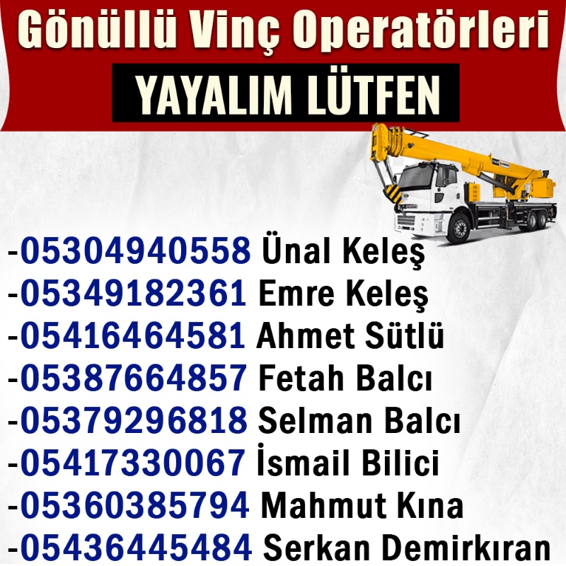 Gönüllü vinç operatörlerine yardım için ulaşabilirsiniz 

Adıyaman Kahramanmaraş Covid Fatma Şahin Ökkeş Elmasoğlu Fulya Öztürk Mehmet Akif Ersoy Kahramanmaraş Hatay Hedil Trafik