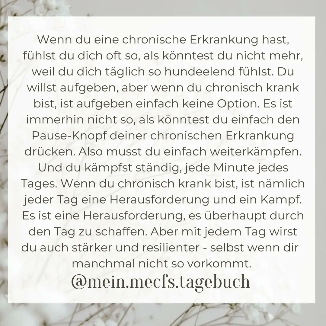 Du zählst zu den stärksten Menschen überhaupt, weil du trotz schlimmer Erkrankung nie aufgibst und immer weiterkämpfst. Die meisten Menschen würden nicht mal einen Bruchteil deines täglichen Lebens aushalten. Du bist stark und siegst jeden Tag.
#mecfs #millionsmissing