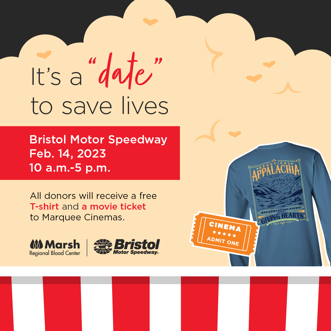 Make a date to save lives with us this Valentine's Day!

Head over to Bristol Motor Speedway on Tuesday, Feb. 14 for a day of good deeds and free stuff! 

All donors will receive a long sleeve T-shirt and a movie ticket for Marquee Cinemas. https://t.co/7utRnTisFX
