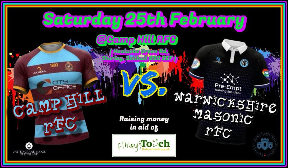 25th Feb., WMRFC takes on <a href="/CampHillRugby/">CampHillRugby</a> Vets in our latest #charity match...

Post-match, we'll be wearing horrible Hawaiian shirts as we raise money for the wonderful <a href="/FinleysTouch/">Finleys Touch 💚</a> while watching the 🏴󠁧󠁢󠁥󠁮󠁧󠁿🏴󠁧󠁢󠁷󠁬󠁳󠁿match...

Come along, #freemason or not, and have a great day out #masonic