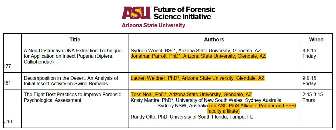 ASUForensics's tweet photo. 13 of @ASUForensics faculty affiliates (representing 6 schools &amp; the disciplines of anthropology, engineering, biology, statistics, entomology, psychology, chemistry, isotope geochemistry, &amp; genetics) will be presenting their research at the @The_AAFS annual conference next week. https://t.co/Z03N7BH8KC