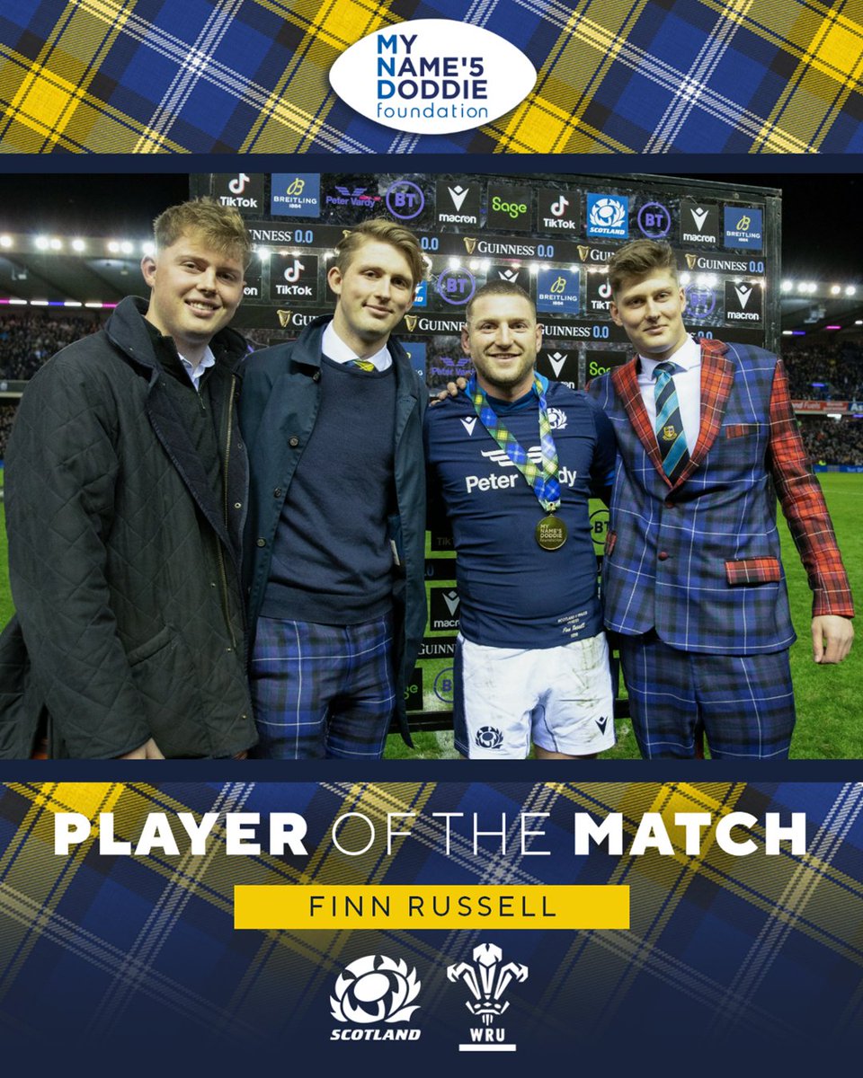 Hamish, Ben and Angus Weir present Finn Russell with the My Name’5 Doddie Foundation Player of the Match.

#AsOne