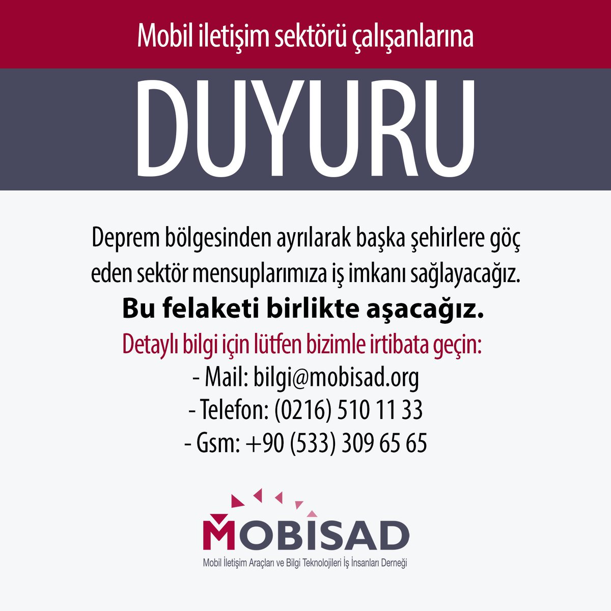 mobisadorg's tweet photo. Deprem bölgesinden ayrılarak başka şehirlere göç eden sektör mensuplarımıza iş imkanı sağlayacağız. Bu felaketi birlikte aşacağız. https://t.co/t8Ds5mbpyr