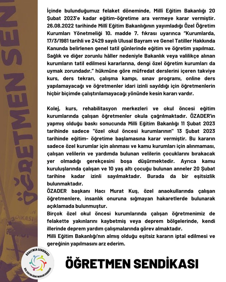 Tüm özel sektör öğretmenlerini paylaştığımız metni Cimer'e göndermeye davet ediyoruz. 
◾Okul öncesi öğretmenleri bakıcı değildir! 
◾<a href="/tcmeb/">Millî Eğitim Bakanlığı</a> 'in açıklaması öğretmenlik mesleğini küçük düşürücüdür. Karar ve içeriği kabul edilemez!